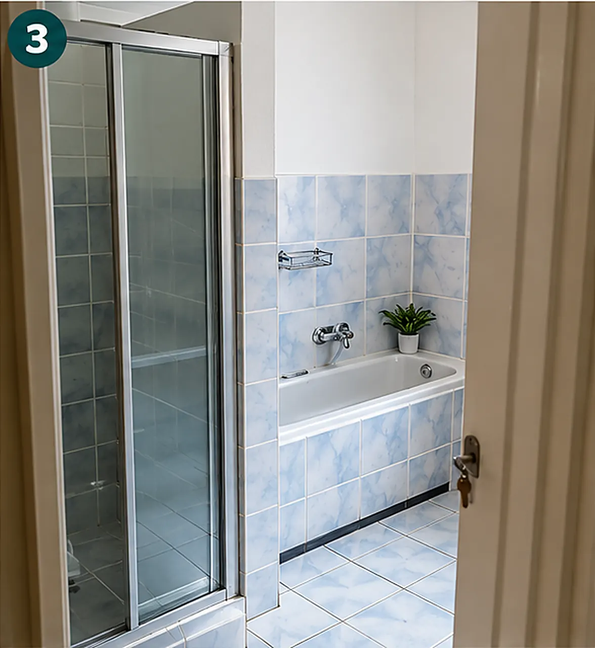 Clean tiled bathroom with shower and bath at C4