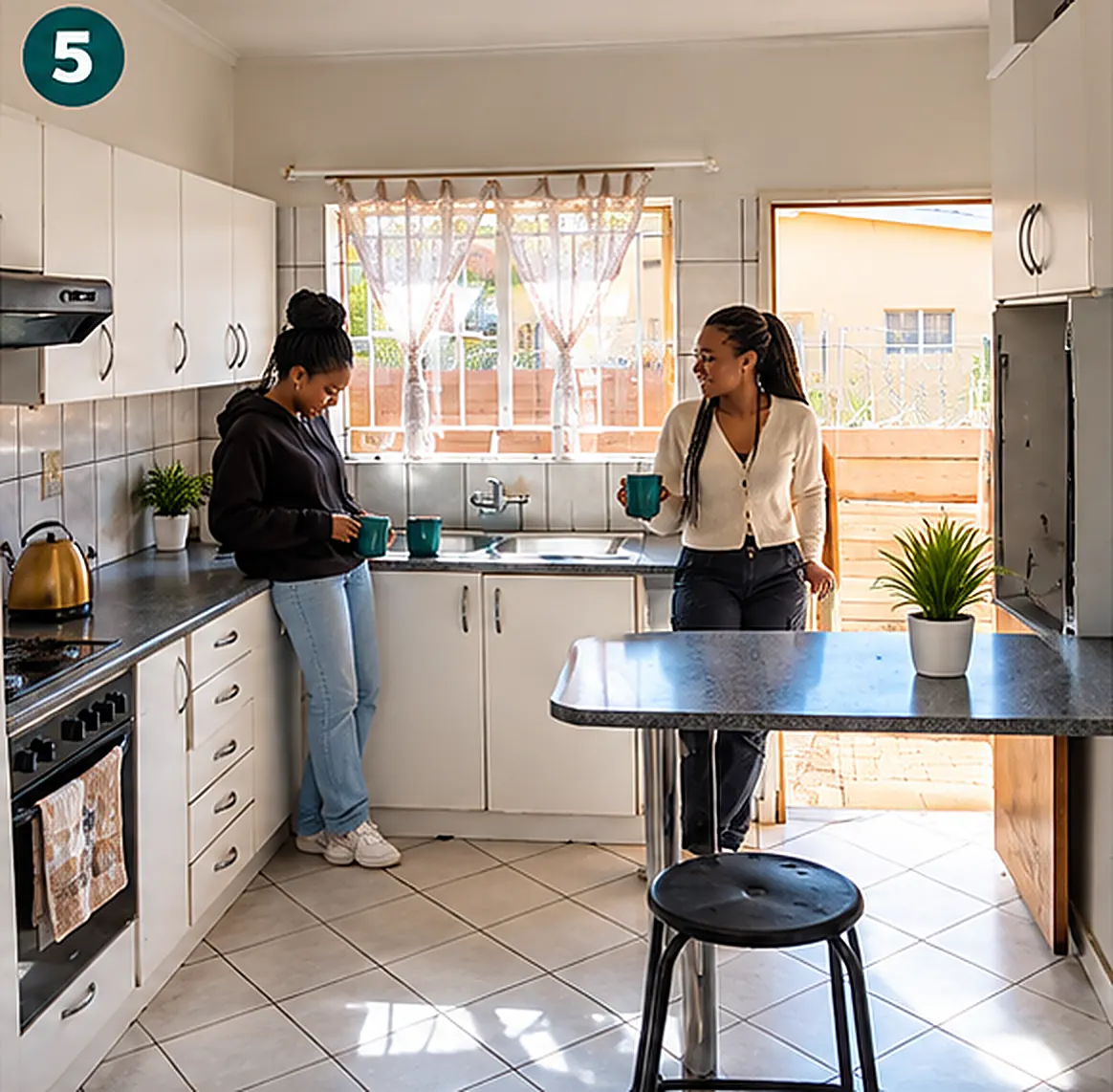 Residents chatting over the stove in the C4 kitchen