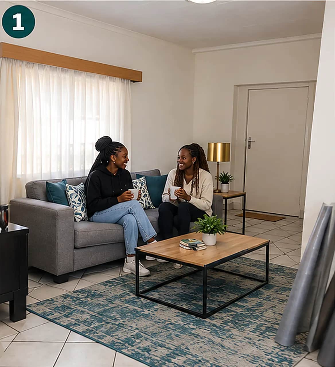 Residents relaxing on a couch in the C4 shared living room